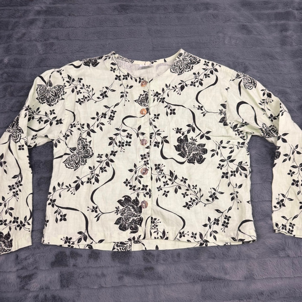 California Threads 100% Linen Floral Button Front Top Small USA Black Cream